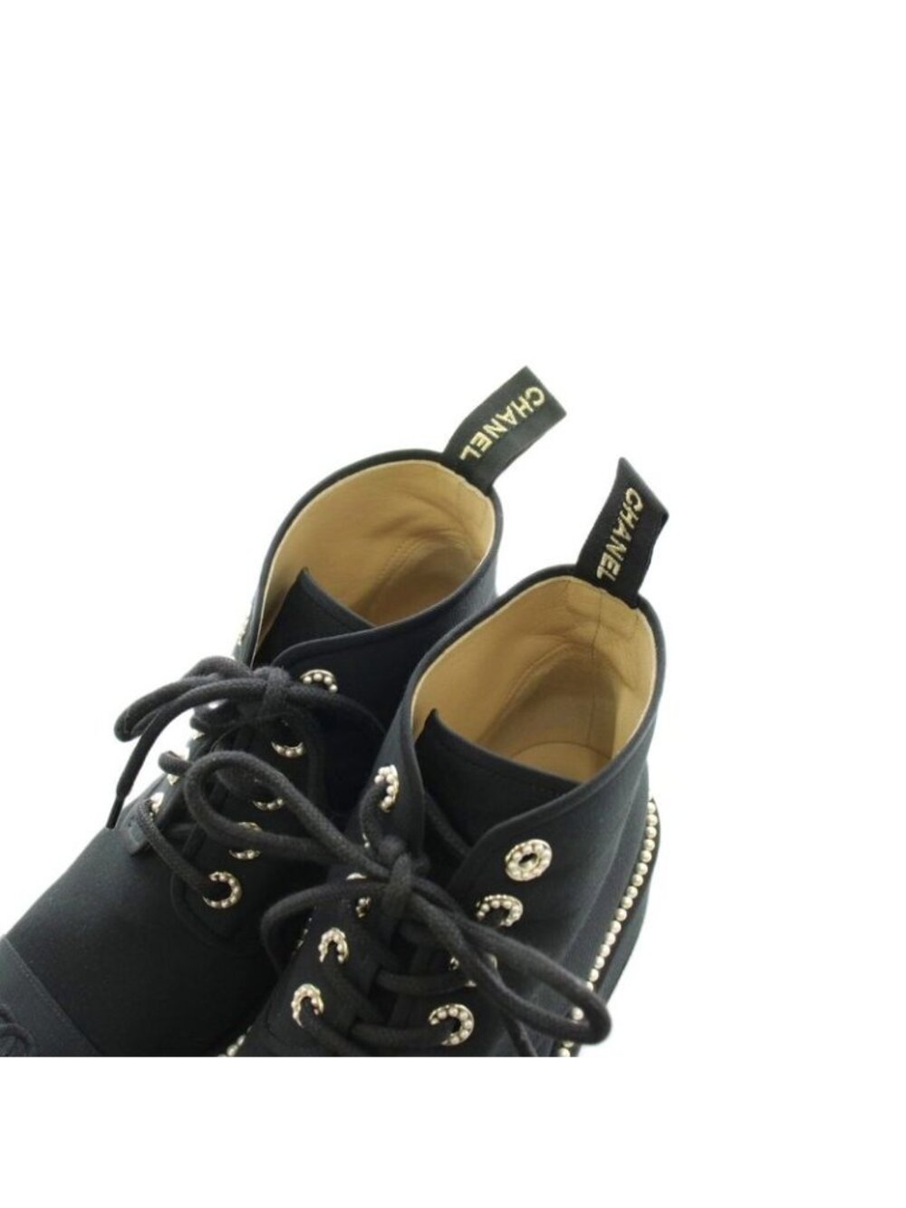 Chanel CC Logo Short Boots Lace Up Pearl 37 Black - Picture 7 of 9